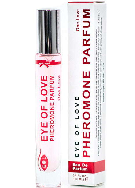 Ein klarer glas-rollerflakon mit silbernem deckel und roter aufschrift eye of love pheromon parfum neben weißer box
