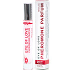 Ein klarer glas-rollerflakon mit silbernem deckel und roter aufschrift eye of love pheromon parfum neben weißer box