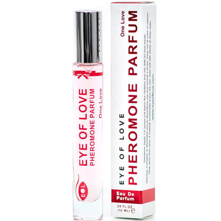 Ein klarer glas-rollerflakon mit silbernem deckel und roter aufschrift eye of love pheromon parfum neben weißer box