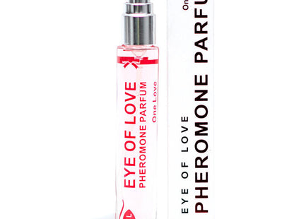 Klare glassprayflasche mit silberkappe und rotem text eye of love pheromon parfum neben weißer rechteckbox