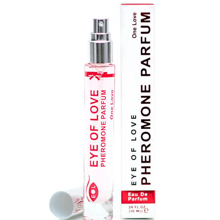 Klare glassprayflasche mit silberkappe und rotem text eye of love pheromon parfum neben weißer rechteckbox