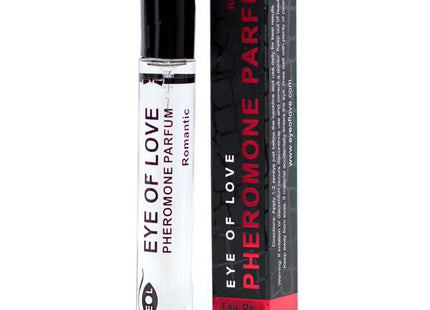 Klare glas rollerball flasche mit schwarzem deckel und pheromon parfum eye of love romantic neben passender schwarz roter box