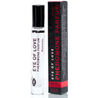 Klare glas rollerball flasche mit schwarzem deckel und pheromon parfum eye of love romantic neben passender schwarz roter box