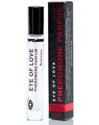 Klare glas rollerball flasche mit schwarzem deckel und pheromon parfum eye of love romantic neben passender schwarz roter box