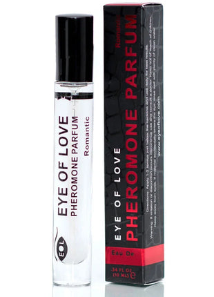Klare glas rollerball flasche mit schwarzem deckel und pheromon parfum eye of love romantic neben passender schwarz roter box