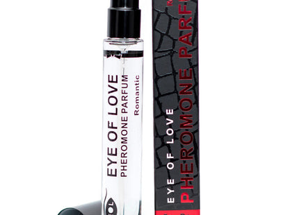 Klarer glas-sprühflasche mit schwarzem deckel und nozzle etikettiert eye of love pheromon parfum romantic neben schwarzer box mit rotem text