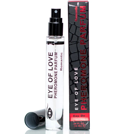 Klarer glas-sprühflasche mit schwarzem deckel und nozzle etikettiert eye of love pheromon parfum romantic neben schwarzer box mit rotem text