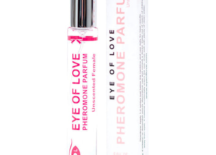 Ein klarer glas rollerflakon mit silbernem verschluss und rosa etikett enthält eye of love pheromon parfum 10 ml unscented female