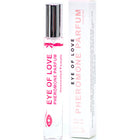 Ein klarer glas rollerflakon mit silbernem verschluss und rosa etikett enthält eye of love pheromon parfum 10 ml unscented female