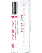 Ein klarer glas rollerflakon mit silbernem verschluss und rosa etikett enthält eye of love pheromon parfum 10 ml unscented female