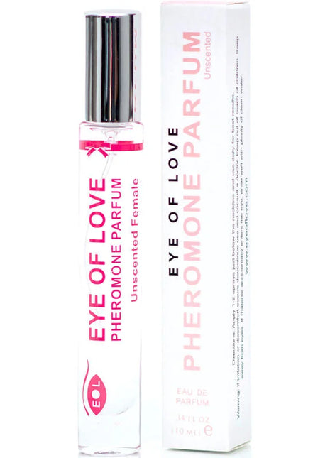 Ein klarer glas rollerflakon mit silbernem verschluss und rosa etikett enthält eye of love pheromon parfum 10 ml unscented female
