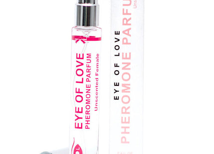 Klarer glas-sprayflasche mit rosa und weißen etiketten der marke eye of love und silberner düse unscented pheromon parfum für frauen 10 ml