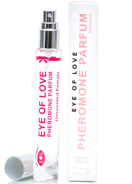 Klarer glas-sprayflasche mit rosa und weißen etiketten der marke eye of love und silberner düse unscented pheromon parfum für frauen 10 ml