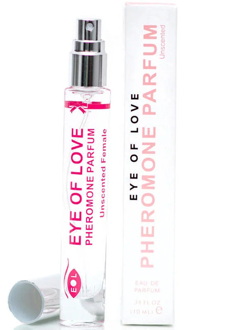 Klarer glas-sprayflasche mit rosa und weißen etiketten der marke eye of love und silberner düse unscented pheromon parfum für frauen 10 ml