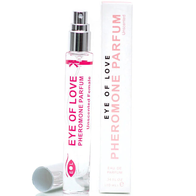 Klarer glas-sprayflasche mit rosa und weißen etiketten der marke eye of love und silberner düse unscented pheromon parfum für frauen 10 ml