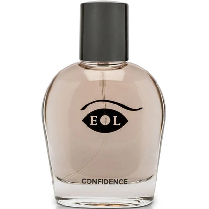 Ein transparentes glas-parfümflakon mit mattschwarzem deckel und einem augenförmigen eol-logo über confidence text