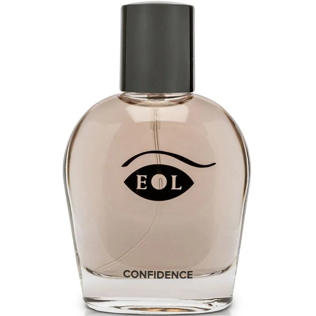 Ein transparentes glas-parfümflakon mit mattschwarzem deckel und einem augenförmigen eol-logo über confidence text