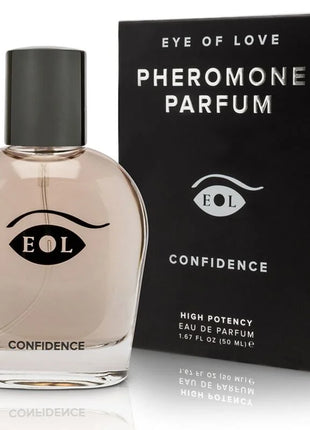 Ein eleganter transparenter glasparfümflakon eye of love eol pheromone parfum deluxe 50 ml mit schwarzem deckel