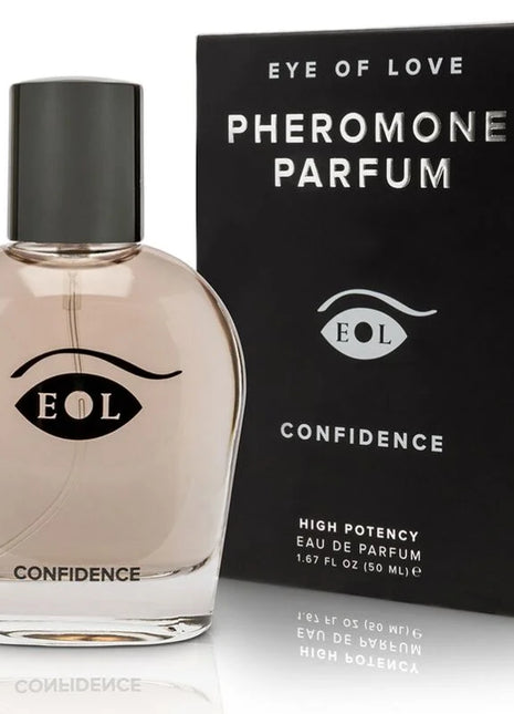 Ein eleganter transparenter glasparfümflakon eye of love eol pheromone parfum deluxe 50 ml mit schwarzem deckel