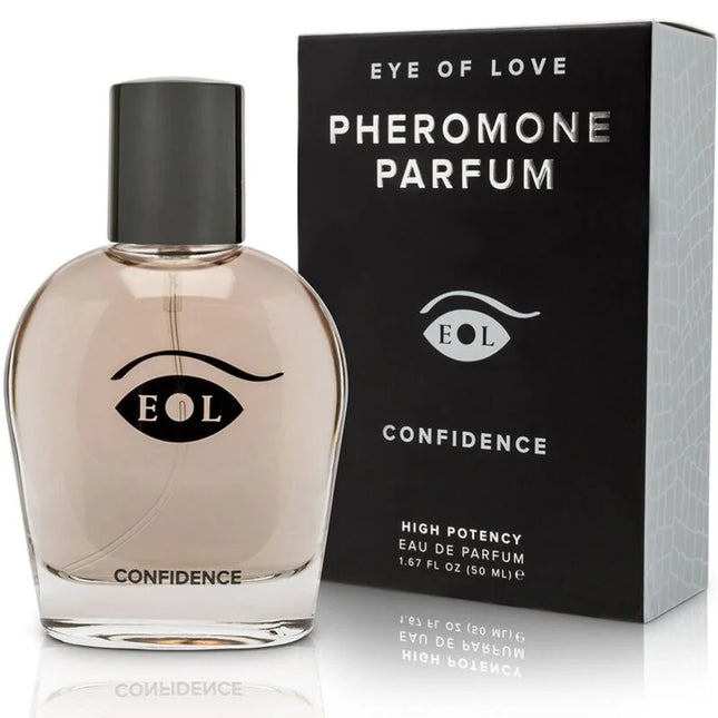 Ein eleganter transparenter glasparfümflakon eye of love eol pheromone parfum deluxe 50 ml mit schwarzem deckel