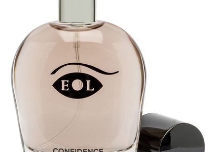 Ein eleganter transparenter parfümflakon aus glas mit zartem rosa schimmer und einem augenförmigen eol-logo