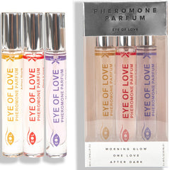 Drei klare glas-rollerball parfümflaschen eye of love pheromon parfum set 10 ml mit silberkappen und bunten etiketten