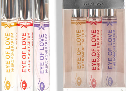 Drei klare glas-rollerball parfümflaschen eye of love pheromon parfum set 10 ml mit silberkappen und bunten etiketten