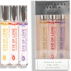 Drei klare glas-rollerball parfümflaschen eye of love pheromon parfum set 10 ml mit silberkappen und bunten etiketten