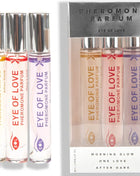 Drei klare glas-rollerball parfümflaschen eye of love pheromon parfum set 10 ml mit silberkappen und bunten etiketten