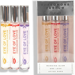 Drei klare glas-rollerball parfümflaschen eye of love pheromon parfum set 10 ml mit silberkappen und bunten etiketten