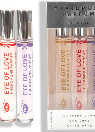 Drei klare glas-rollerball parfümflaschen eye of love pheromon parfum set 10 ml mit silberkappen und bunten etiketten