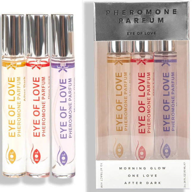 Drei klare glas-rollerball parfümflaschen eye of love pheromon parfum set 10 ml mit silberkappen und bunten etiketten
