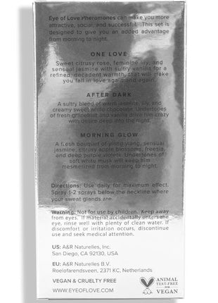 Silberne metallische rechteckige box für eye of love parfumset mit drei 10 ml flakons morning glow one love after dark