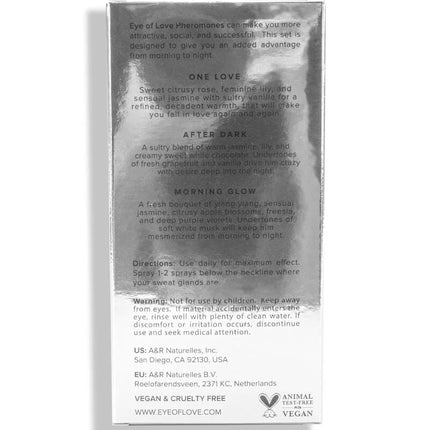 Silberne metallische rechteckige box für eye of love parfumset mit drei 10 ml flakons morning glow one love after dark
