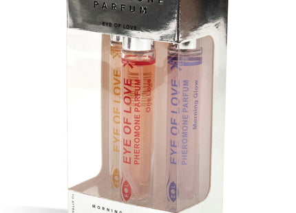Eye of love eol phr parfum 10 ml set mit drei transparenten rollerflaschen in rosa, pfirsich und lavendel im silberklaren etui