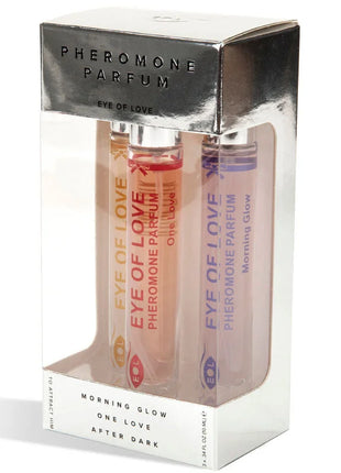 Eye of love eol phr parfum 10 ml set mit drei transparenten rollerflaschen in rosa, pfirsich und lavendel im silberklaren etui