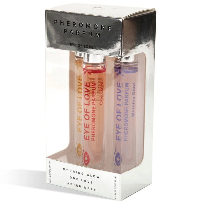 Eye of love eol phr parfum 10 ml set mit drei transparenten rollerflaschen in rosa, pfirsich und lavendel im silberklaren etui