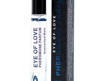 Klare glas rollerflasche mit schwarzem deckel und blauem text eye of love pheromone parfum unscented male neben schwarzer verpackung