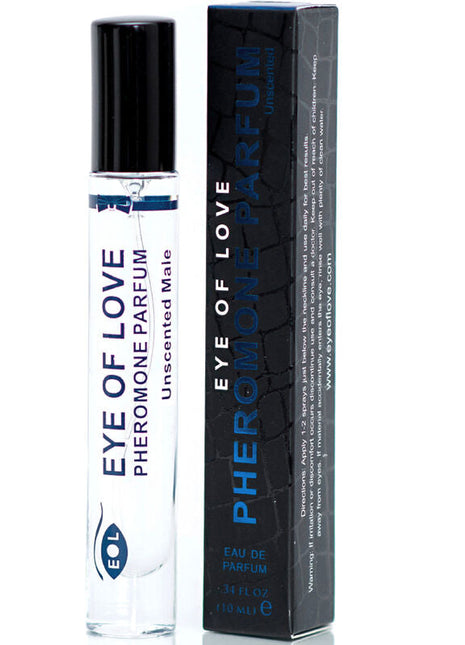 Klare glas rollerflasche mit schwarzem deckel und blauem text eye of love pheromone parfum unscented male neben schwarzer verpackung