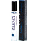 Klare glas rollerflasche mit schwarzem deckel und blauem text eye of love pheromone parfum unscented male neben schwarzer verpackung