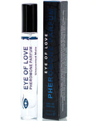 Klare glas rollerflasche mit schwarzem deckel und blauem text eye of love pheromone parfum unscented male neben schwarzer verpackung