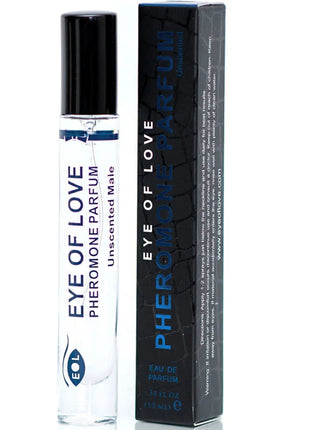 Klare glas rollerflasche mit schwarzem deckel und blauem text eye of love pheromone parfum unscented male neben schwarzer verpackung