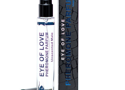 Klare glas-sprühflasche mit schwarzem deckel und düse etikettiert mit eye of love pheromone parfum in lila text für männer unscented 10 ml