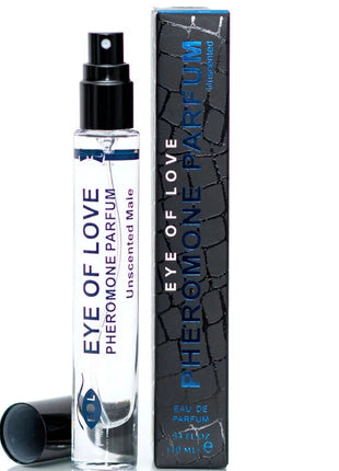 Klare glas-sprühflasche mit schwarzem deckel und düse etikettiert mit eye of love pheromone parfum in lila text für männer unscented 10 ml