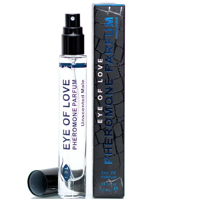 Klare glas-sprühflasche mit schwarzem deckel und düse etikettiert mit eye of love pheromone parfum in lila text für männer unscented 10 ml