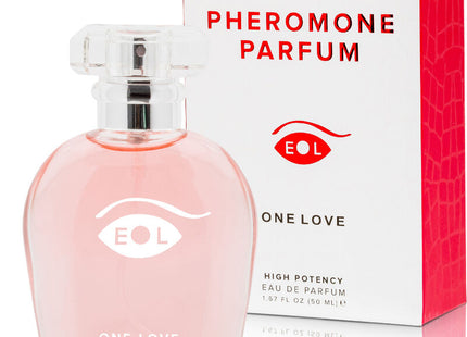 Ein pinkes glasparfümflakon mit klarem facettiertem deckel und einem augenförmigen logo eol phr parfum deluxe 50 ml