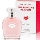 Ein pinkes glasparfümflakon mit klarem facettiertem deckel und einem augenförmigen logo eol phr parfum deluxe 50 ml