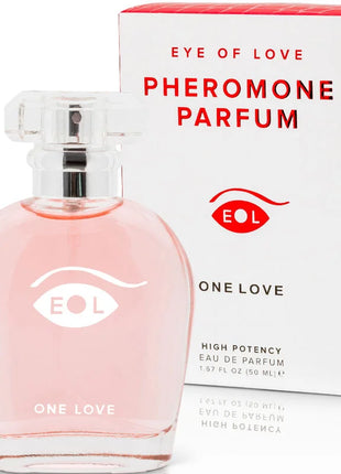 Ein pinkes glasparfümflakon mit klarem facettiertem deckel und einem augenförmigen logo eol phr parfum deluxe 50 ml