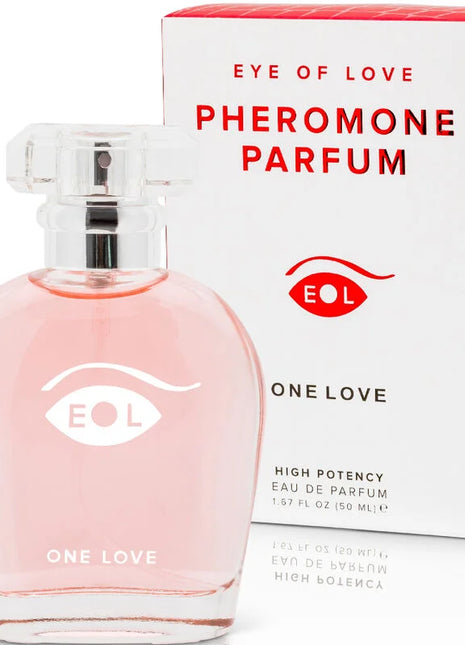 Ein pinkes glasparfümflakon mit klarem facettiertem deckel und einem augenförmigen logo eol phr parfum deluxe 50 ml