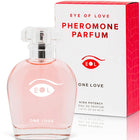 Ein pinkes glasparfümflakon mit klarem facettiertem deckel und einem augenförmigen logo eol phr parfum deluxe 50 ml